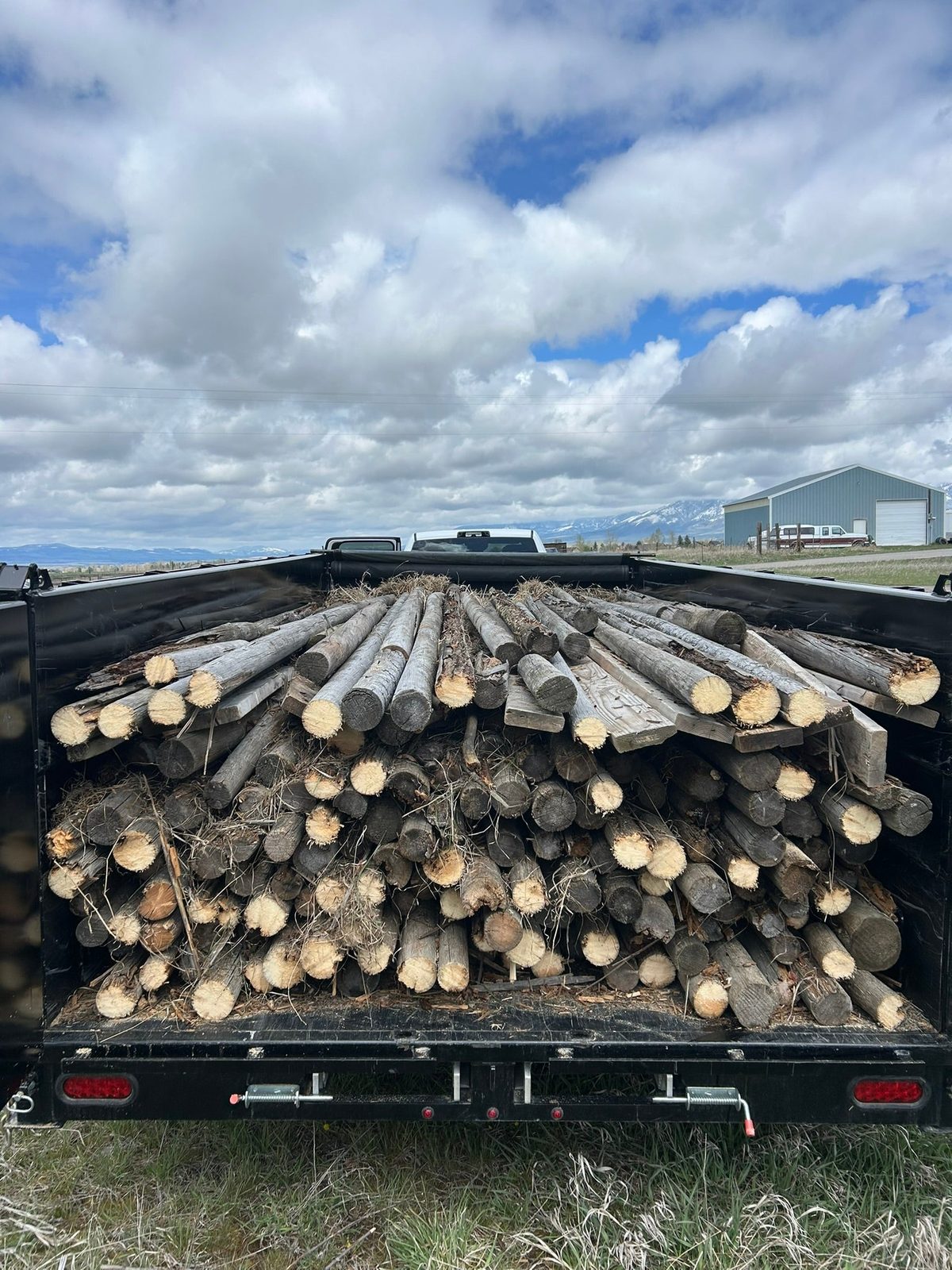 Fence posts and lumber stacked in a dump trailer